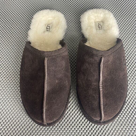 UGG Scuff Slippers Mens Size 11 Brown Leather Sheepskin Shearling Slide On - Picture 5 of 11